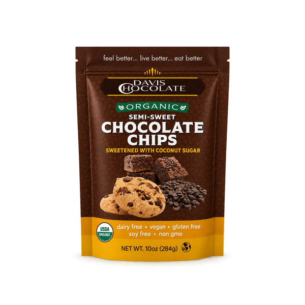 Davis Chocolate Organic Semi-Sweet Chocolate Chips sweetened with coconut sugar, 3 simple ingredients, 6g total sugar and 90 calories per serving
