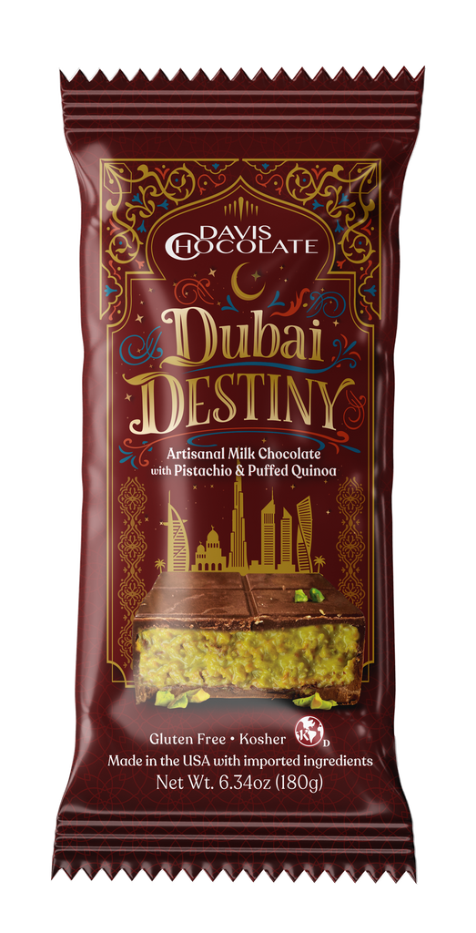Gluten Free Artisanal Milk Chocolate Dubai Destiny with Pistachio & Puffed Quinoa