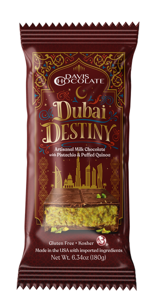 Gluten Free Artisanal Milk Chocolate Dubai Destiny with Pistachio & Puffed Quinoa