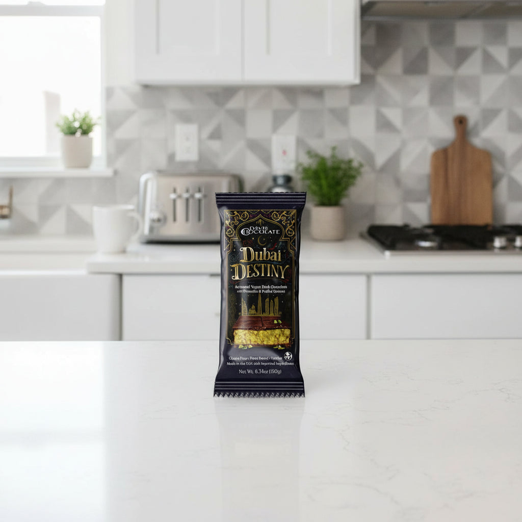 Davis Chocolates Dubai Destiny Dark Chocolate Bar packaging on a kitchen countertop
