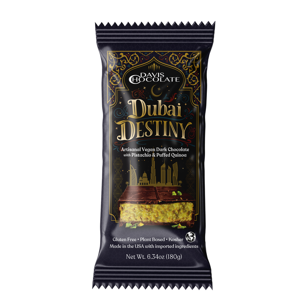Davis Chocolates Dubai Destiny Dark Chocolate Bar packaging on a white background
