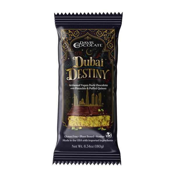 Davis Chocolates Dubai Destiny Dark Chocolate Bar packaging on a white background