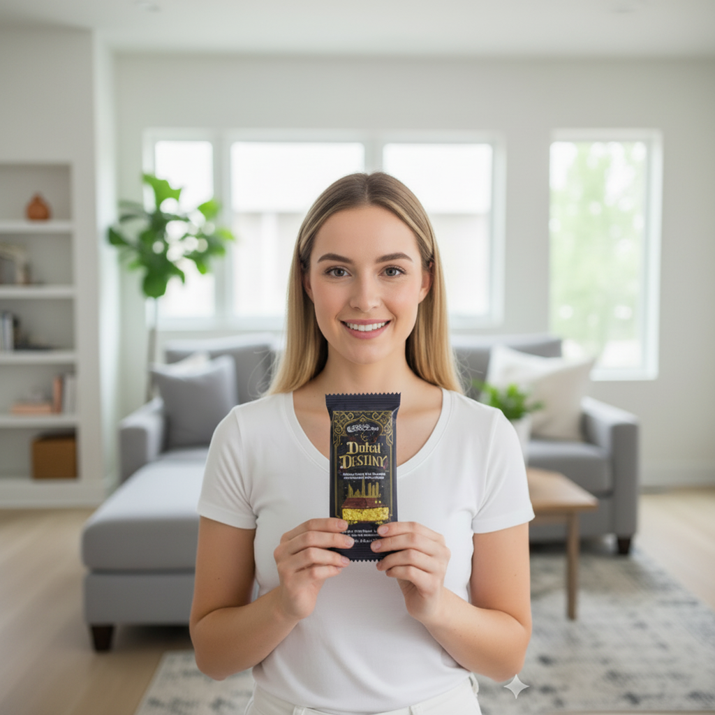 Woman holding a Dubai Dark Chocolate Bar in a living room