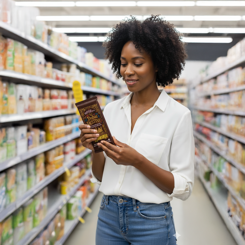 Woman holding a Dubai dark chocolate bar in a grocery store aisle