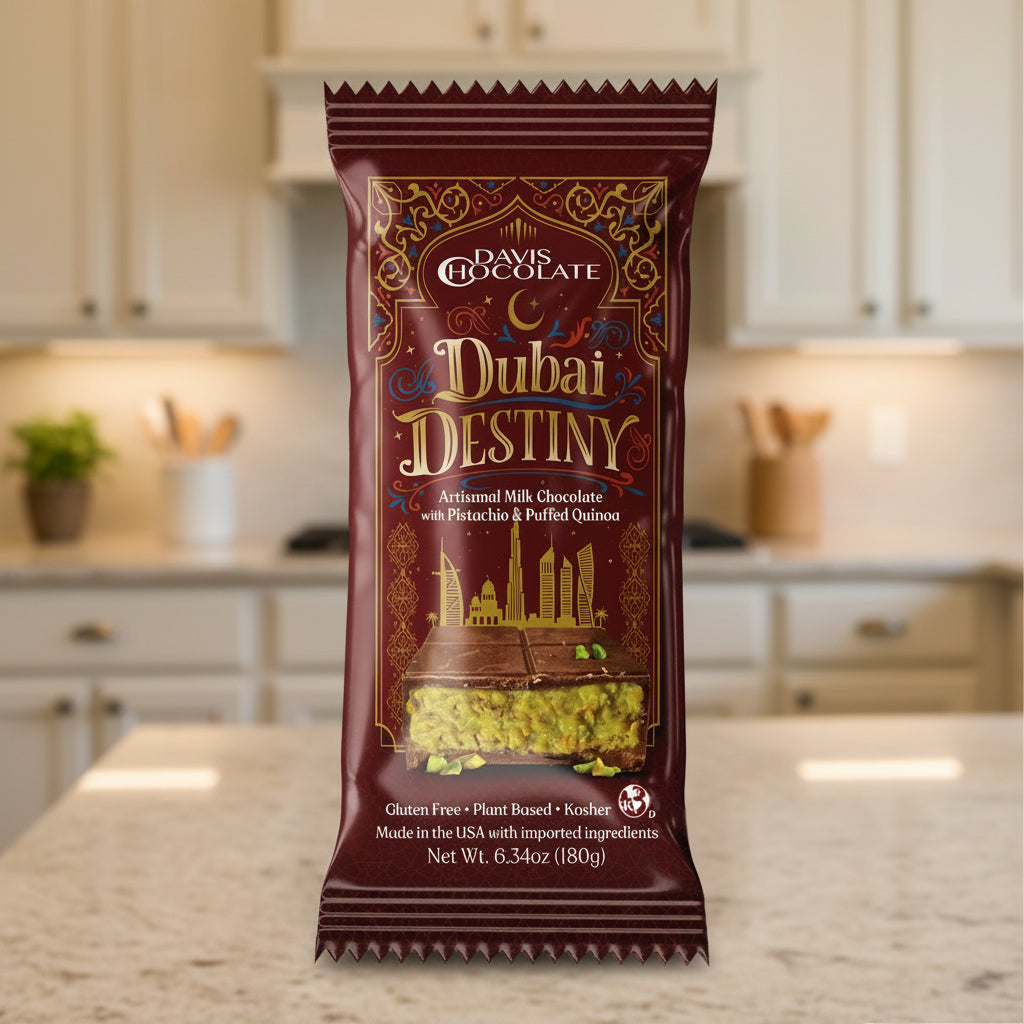 Davis Chocolate Dubai Destiny Milk Chocolate Bar packaging on a kitchen countertop