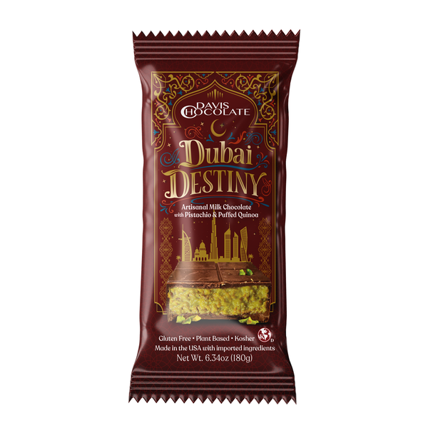 Davis Chocolate Dubai Destiny Milk Chocolate Bar packaging on a white background