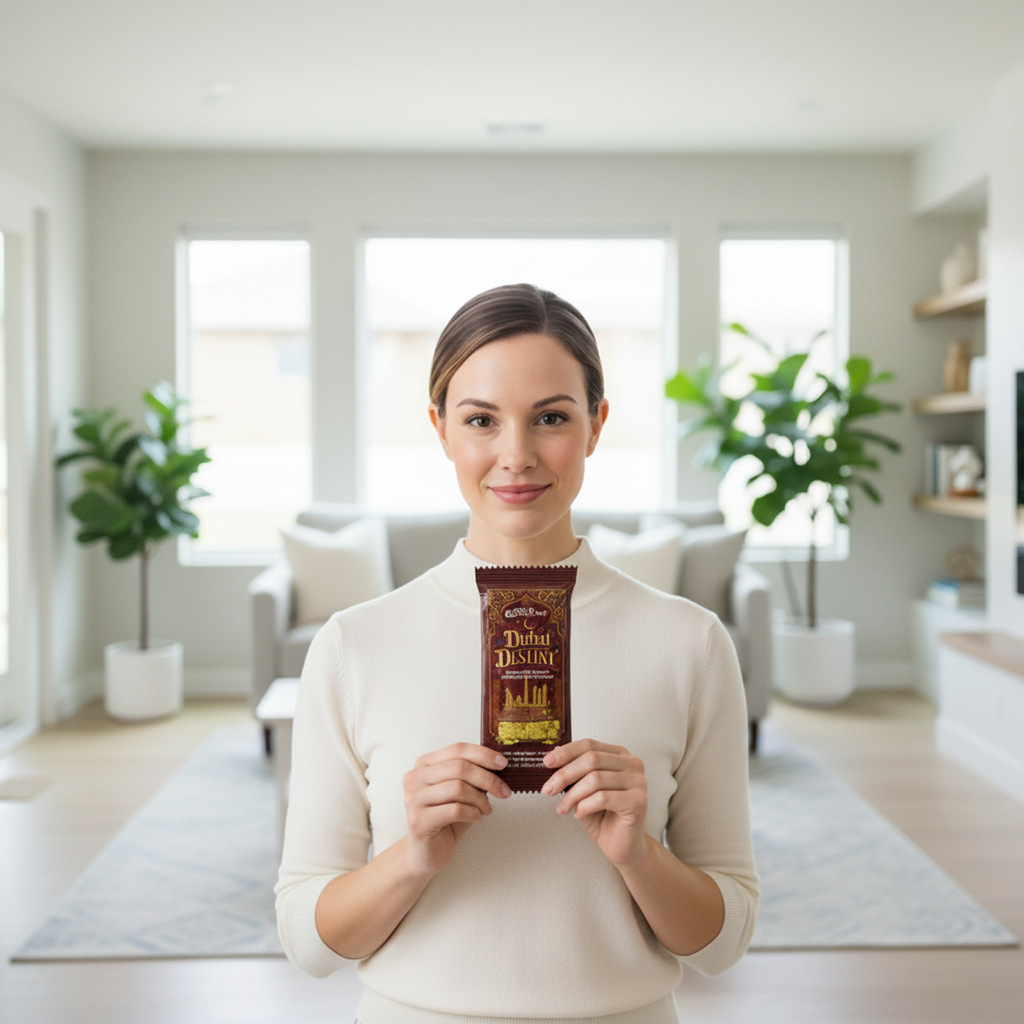 Woman holding a Dubai milk chocolate bar in a living room