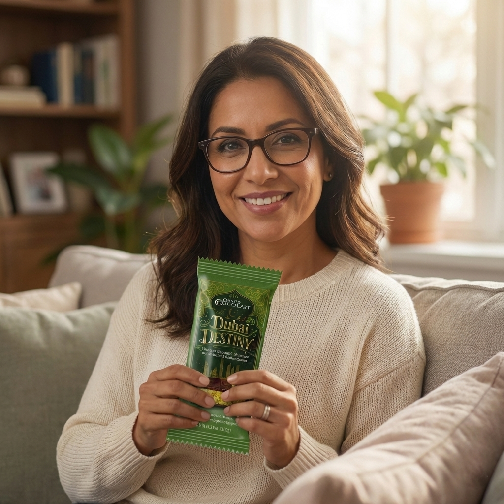 Woman holding a green package in a cozy living room