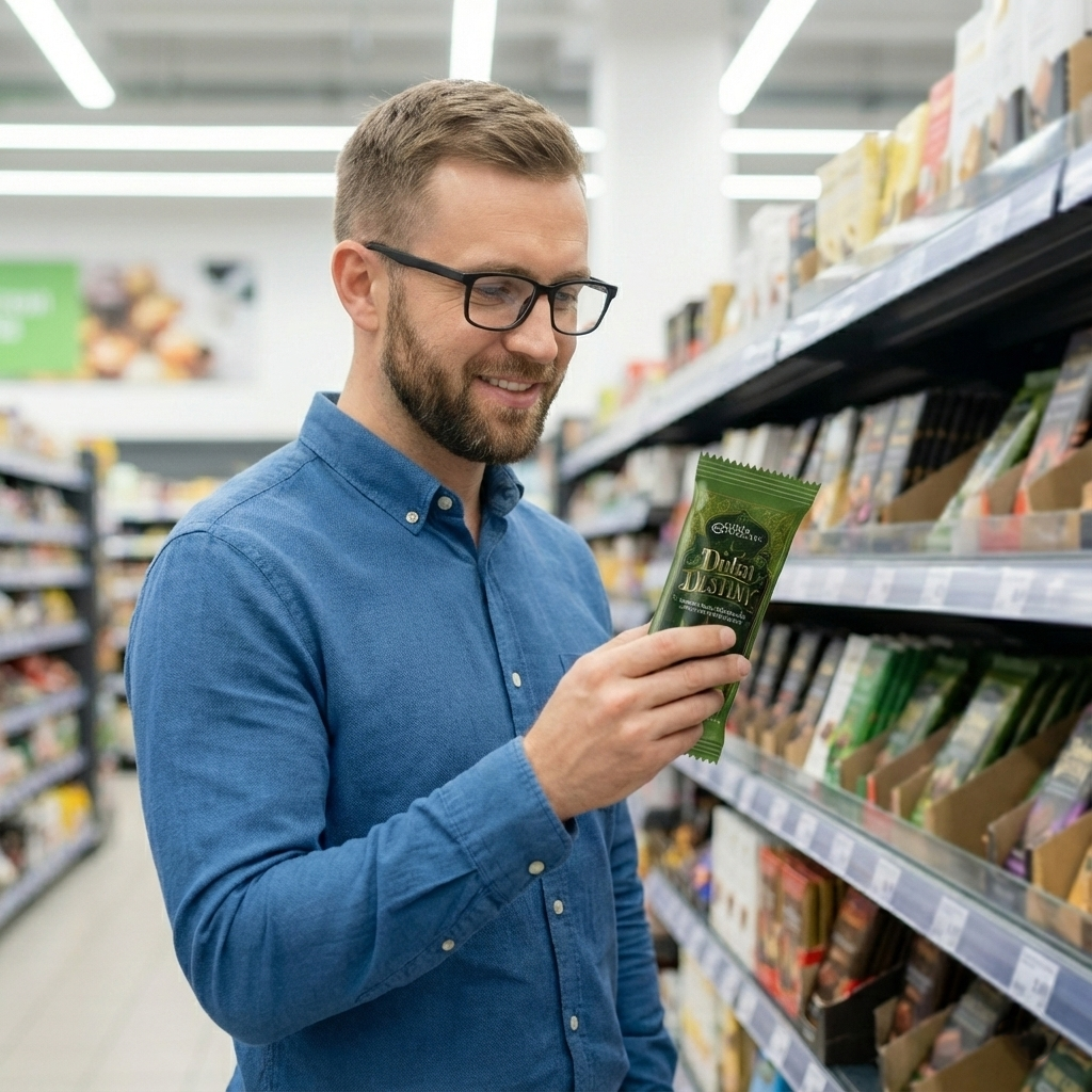Man in a blue shirt holding a green package in a grocery store aisle.