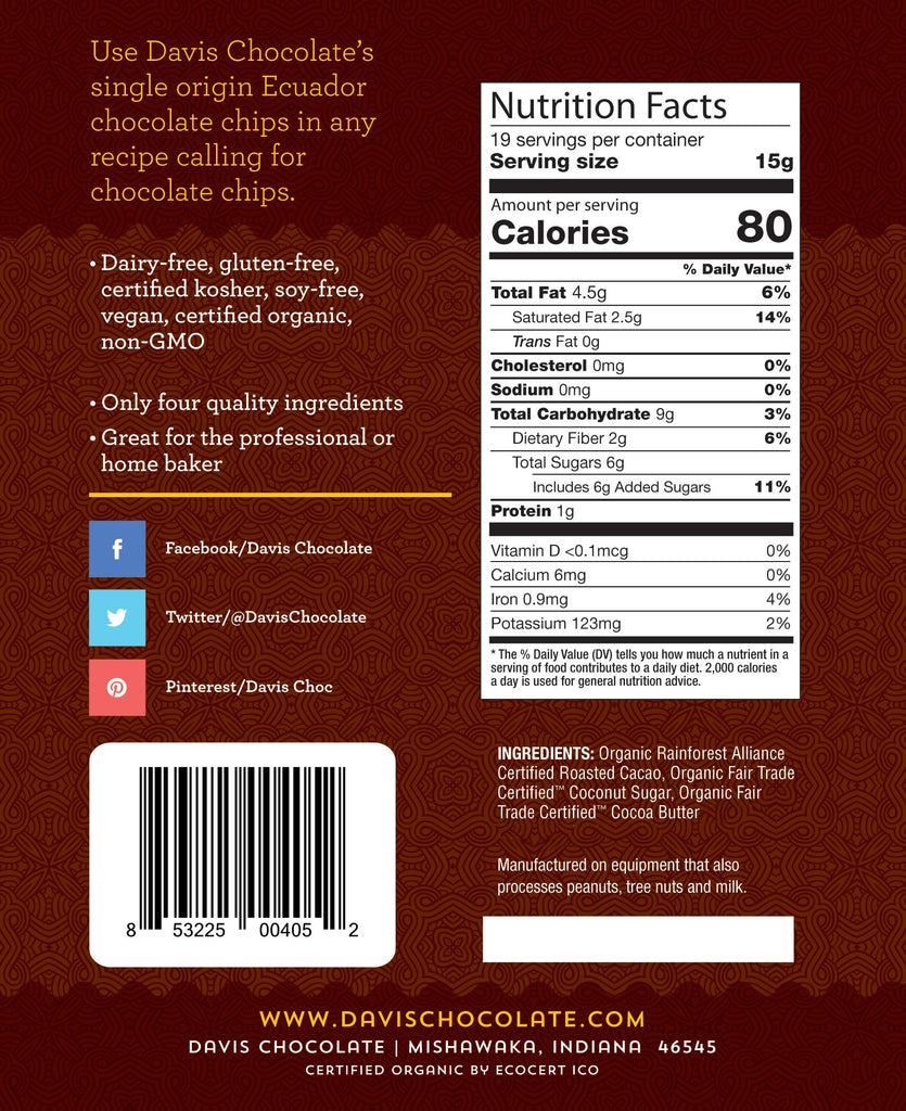 Organic Dark Chocolate Baking Chips Sweetened with Coconut Sugar Davis Chocolate
